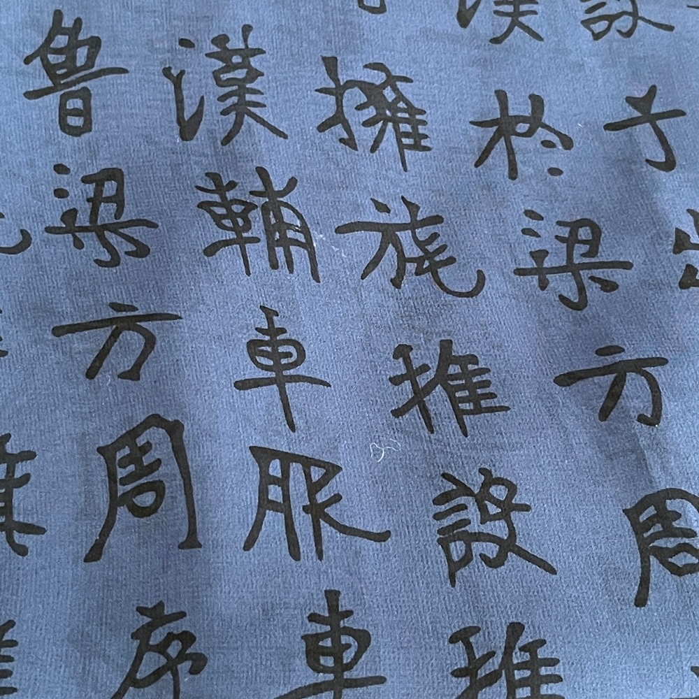 100% Silk Scarf,  Asian Script
by BanJara
Navy, Black 
13”wide
64”long
Artsy